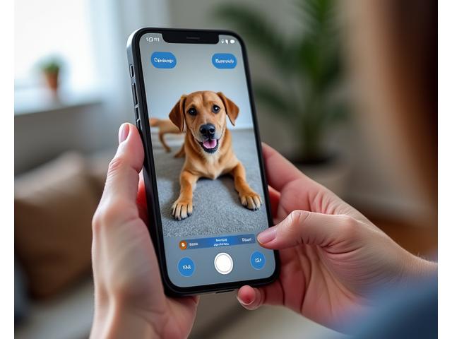 Interfaz de aplicación móvil mostrando una vista en vivo de una mascota (perro) en casa a través de una cámara pet-cam, con iconos para hablar, dar premios y grabar. La mano de una persona sostiene el teléfono.