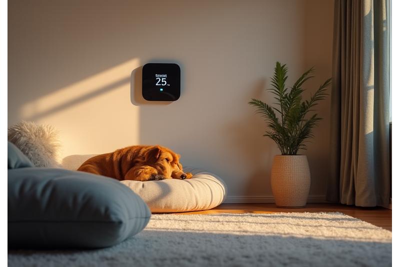 Un perro descansando cómodamente en una cama para mascotas dentro de una habitación moderna con iluminación suave y temperatura agradable, simbolizando un ambiente controlado y confortable.