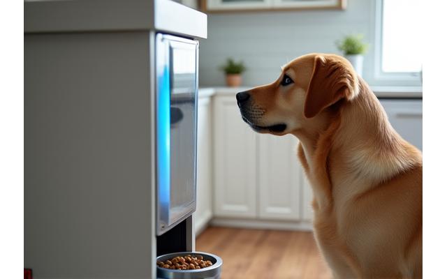 Dispensador automático de alimento para mascotas moderno y elegante, dosificando croquetas mientras un perro labrador mira atento, en una cocina bien iluminada.