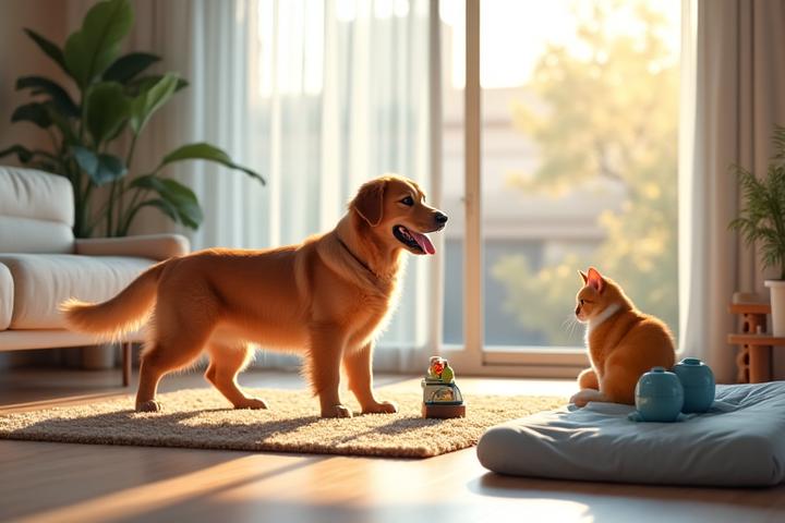 Varias mascotas (perro, gato, pájaro) interactuando alegremente con diferentes dispositivos de domótica inteligente para su bienestar, como un dispensador de alimentos automático, una cámara de monitoreo bidireccional y un juguete interactivo. La escena es brillante y llena de vida, mostrando la armonía entre tecnología y mascotas en un hogar moderno en Bogotá.