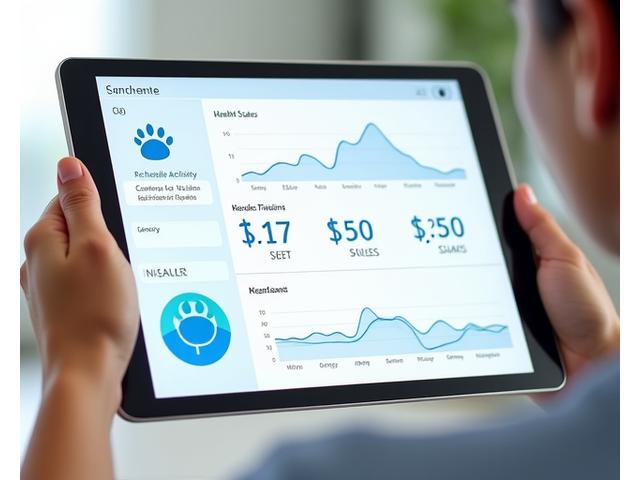 Dashboard de salud de una mascota en una tableta, mostrando gráficos de actividad, patrones de sueño, ingesta de agua y alertas generales, con un icono de huella de perro.