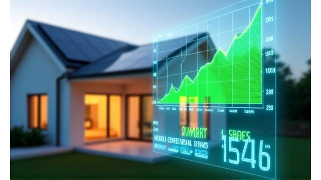 Paneles solares en el techo de una casa con medidor de energía digital mostrando ahorro