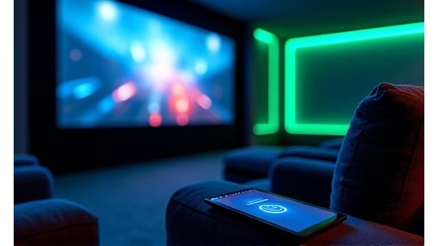 Sala de cine en casa con luces tenue y pantalla encendida, lista para una película