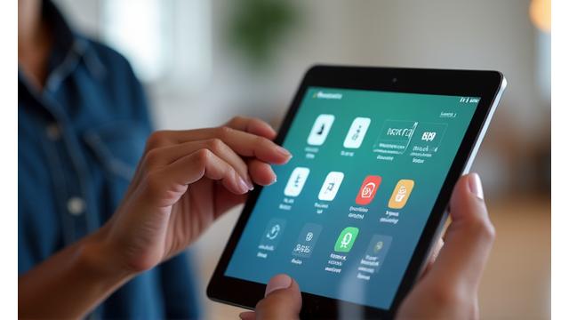 Persona usando una tablet para personalizar ajustes de hogar inteligente, con iconos de dispositivos