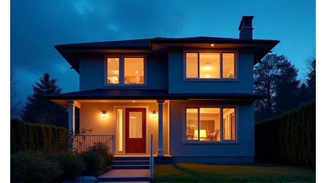 Vista exterior de una casa con luces encendiéndose y apagándose, simulando presencia