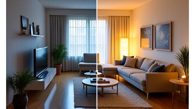 Apartamento pequeño moderno optimizado con tecnología inteligente, antes y después de la automatización.