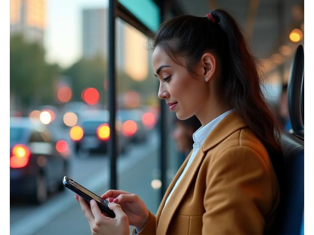 Mujer joven urbana usando su smartphone para controlar un apartamento inteligente mientras viaja en transporte público.