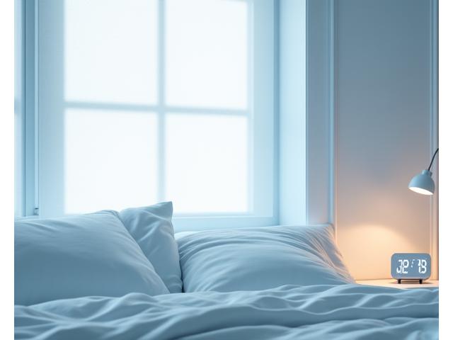Dormitorio tranquilo con persianas automáticas y luces tenues para un despertar gradual.