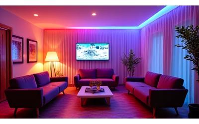 Sala de estar con vibrantes luces de colores para una fiesta.