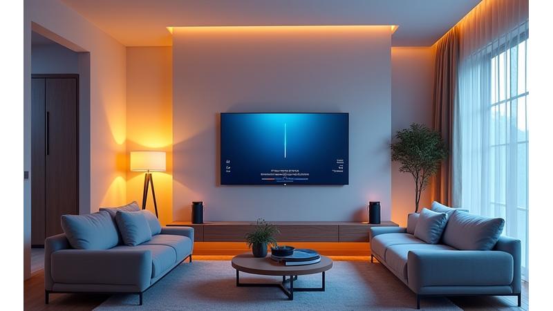 Simulación interactiva de una sala de estar inteligente que cambia la iluminación y los colores según la hora del día.