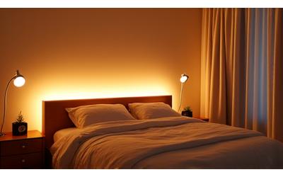 Iluminación cálida en un dormitorio al atardecer, simulando luz natural.