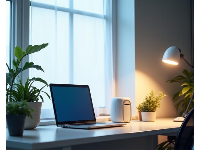 Oficina en casa con iluminación brillante y ventilación optimizada para la productividad.