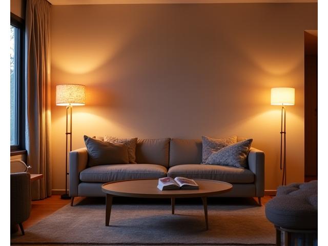 Sala de estar moderna con iluminación regulable y sistema de sonido inteligente.