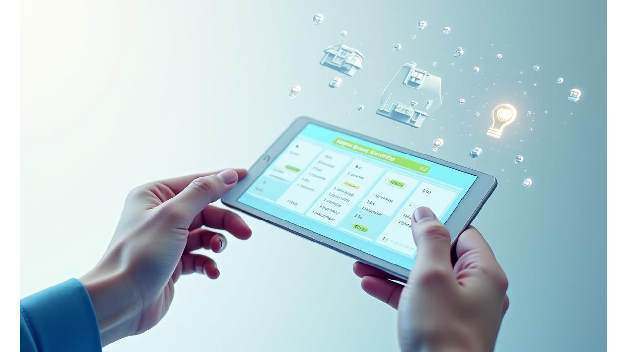 Persona agendando una cita en un calendario digital con íconos de automatización del hogar flotando
