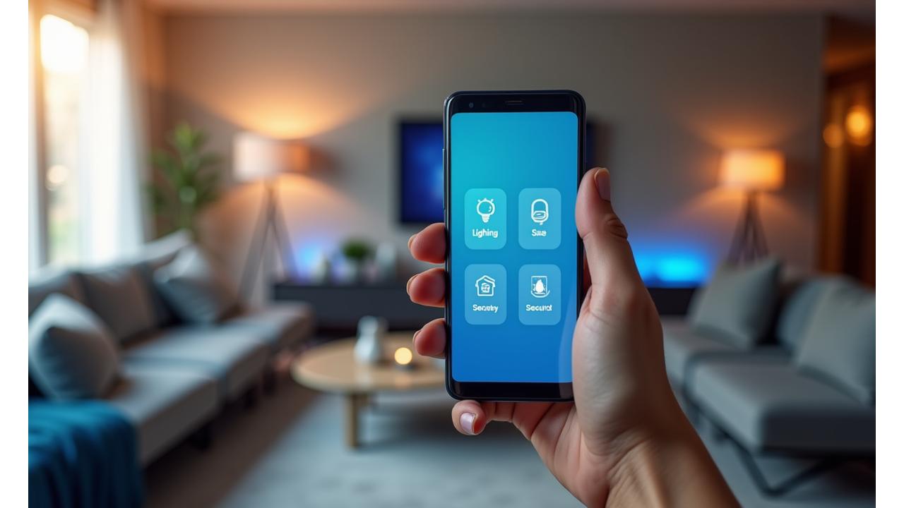 Mano sosteniendo un smartphone controlando dispositivos inteligentes en un hogar moderno