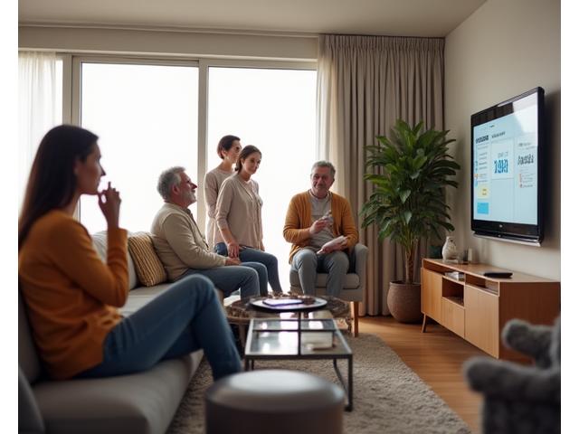 Una familia diversa controlando diferentes aspectos de su hogar con gestos y voz, ilustrando la inclusión.