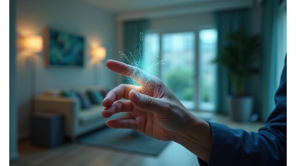 Representación de una mano controlando dispositivos inteligentes mediante gestos en el aire, con un esqueleto virtual superpuesto para ilustrar el reconocimiento 3D.