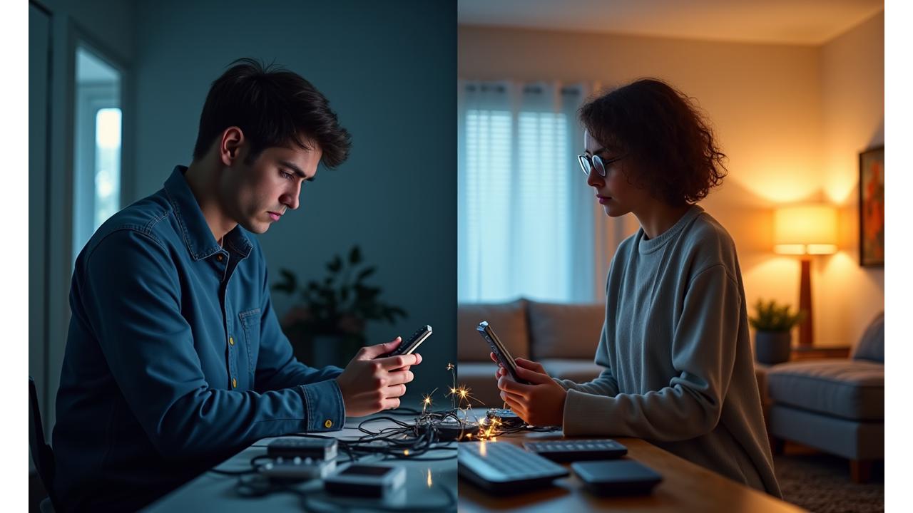 Representación de una persona controlando un hogar inteligente con gestos naturales, comparado con interfaces tradicionales, destacando la facilidad de uso.