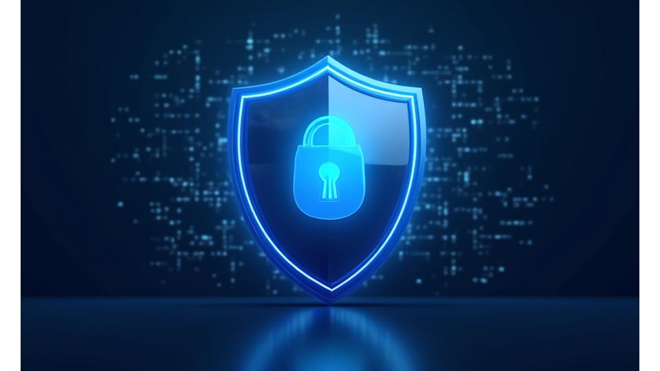 Un icono de escudo digital sobre un fondo de datos encriptados, simbolizando la seguridad en el control natural del hogar.