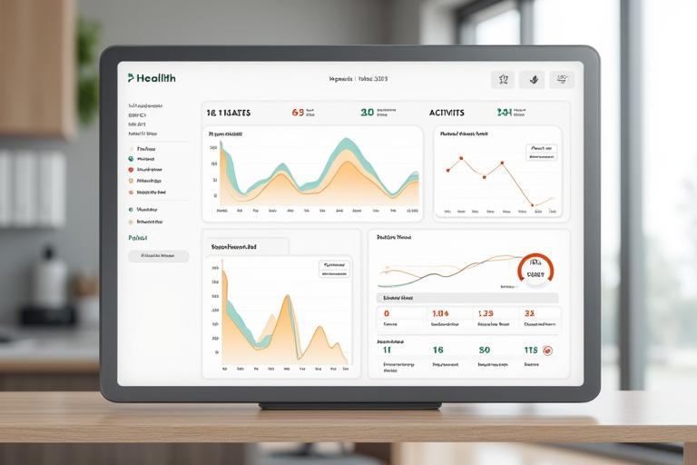 Representación de un dashboard de salud digital con métricas claras y gráficos simples para monitoreo de adultos mayores.