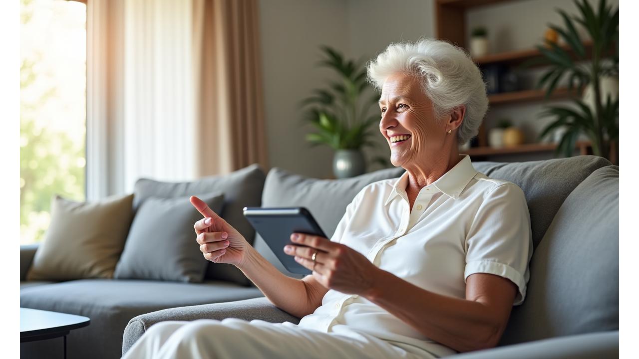 Adulto mayor sonriendo cómodamente en su hogar inteligente, controlando dispositivos con voz.