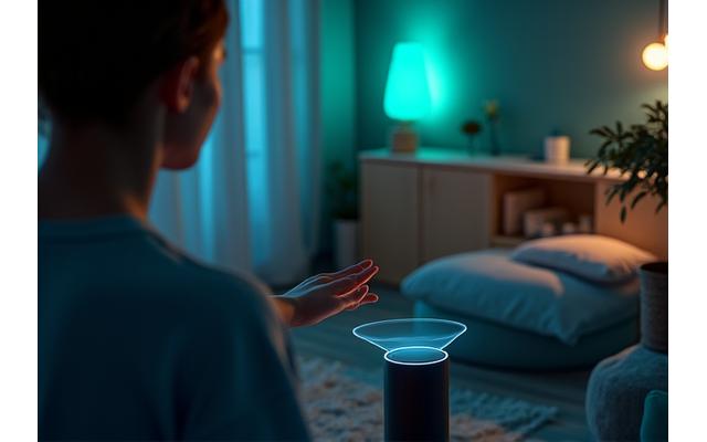 Persona controlando luces con comandos de voz en un hogar inteligente