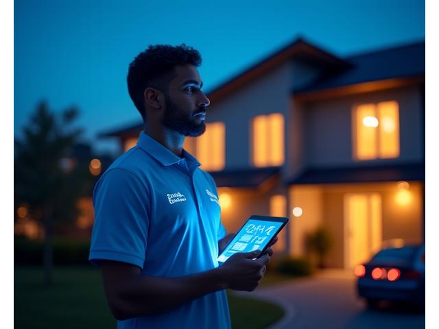 Un técnico de Quimbaya Echo respondiendo a una emergencia de domótica, con un reloj marcando las 24 horas y una casa inteligente iluminada en la noche, transmitiendo urgencia y disponibilidad.
