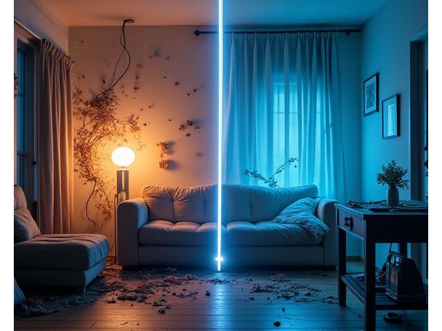 Infografía comparando un sistema de hogar inteligente sin mantenimiento (dañado, cables expuestos, poca luz) y otro con mantenimiento (limpio, funcional, vibrante, con una iconografía de reloj de arena y una casa con una flecha hacia arriba indicando larga vida útil).