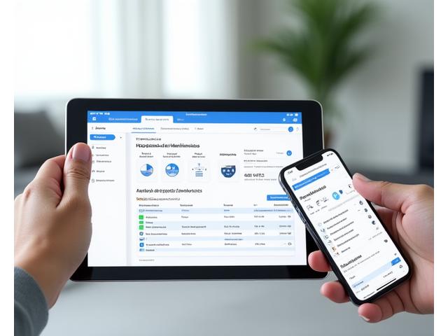 Interfaz de usuario de un dashboard de cliente en una tablet y un smartphone, mostrando un historial de mantenimiento, calendario de revisiones, y opciones de soporte técnico, con elementos gráficos de Quimbaya Echo.