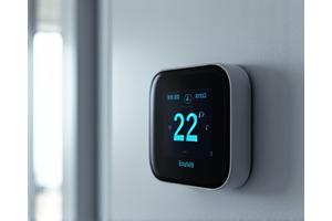 Termostato inteligente mostrando una temperatura ideal, representando la climatización remota.