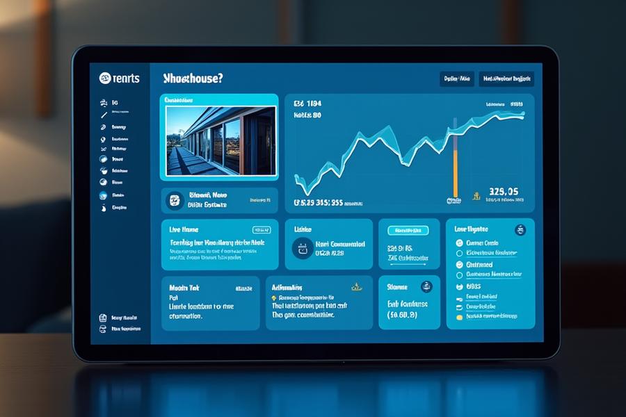 Pantalla de un dashboard de control de hogar inteligente mostrando datos en tiempo real, gráficos de energía y alertas de seguridad.