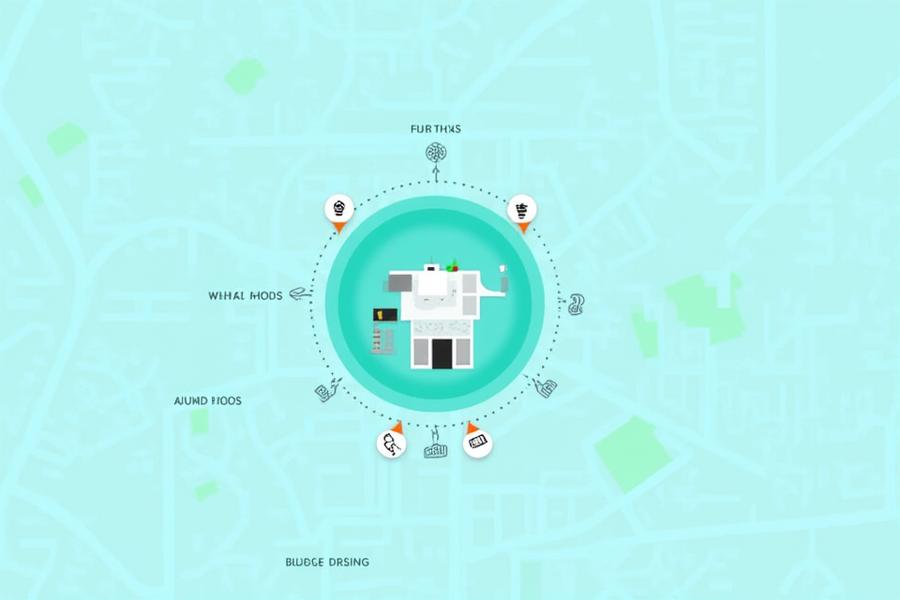 Mapa mostrando zonas de geocercas alrededor de una casa, con iconos de automatización representando acciones al entrar o salir.