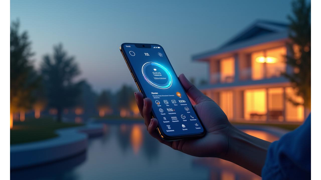 Smartphone mostrando la interfaz de control de un hogar inteligente, con una representación 3D de una casa detrás.