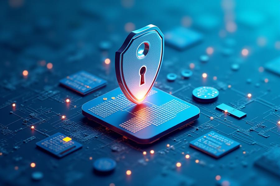 Infografía digital mostrando íconos de seguridad como un candado, un escudo, encriptación, servidores y la bandera de Colombia, destacando la seguridad y privacidad del sistema.