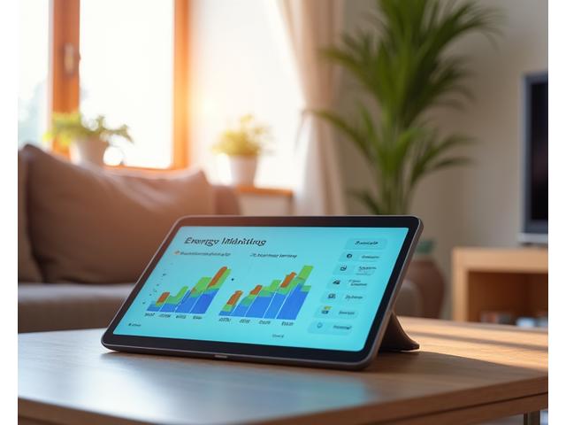 Dashboard energético inteligente mostrando ahorro y eficiencia en un hogar moderno