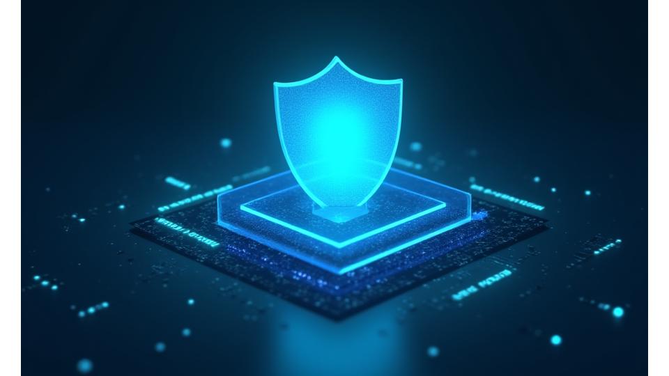 Representación visual de la seguridad de datos con escudos y candados digitales, colores corporativos.