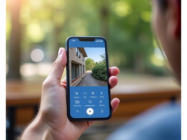 Mano sosteniendo un smartphone controlando cámaras en una aplicación móvil