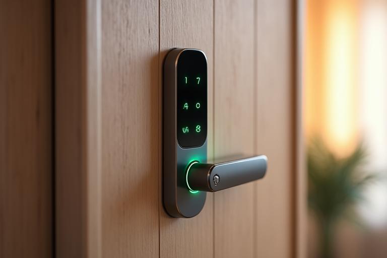 Cerradura inteligente moderna con lector de huellas digitales en una puerta.