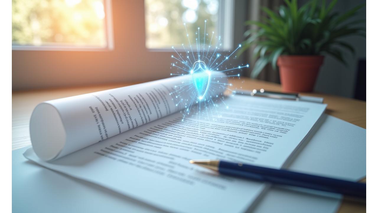 Representación de un acuerdo legal con el logo de Quimbaya Echo y elementos de automatización inteligente
